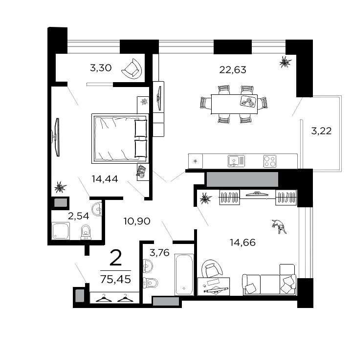 2-комнатная, 75.45 м² — изображение 1