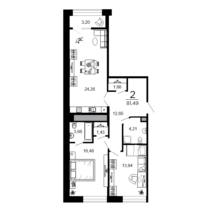 2-комнатная, 81.49 м² — изображение 1