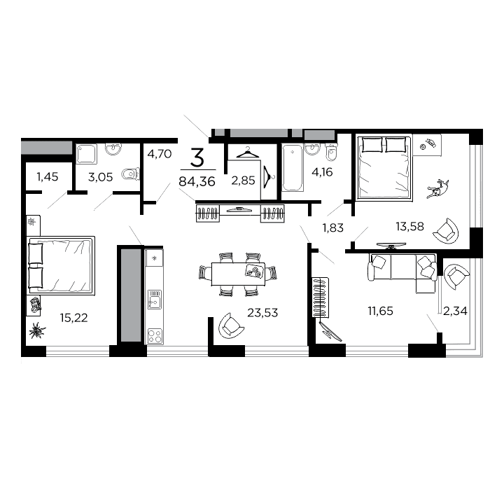 3-комнатная, 84.36 м² — изображение 1