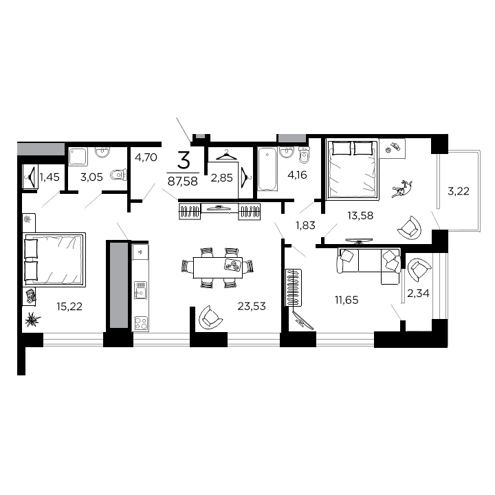 3-комнатная, 87.58 м² — изображение 1