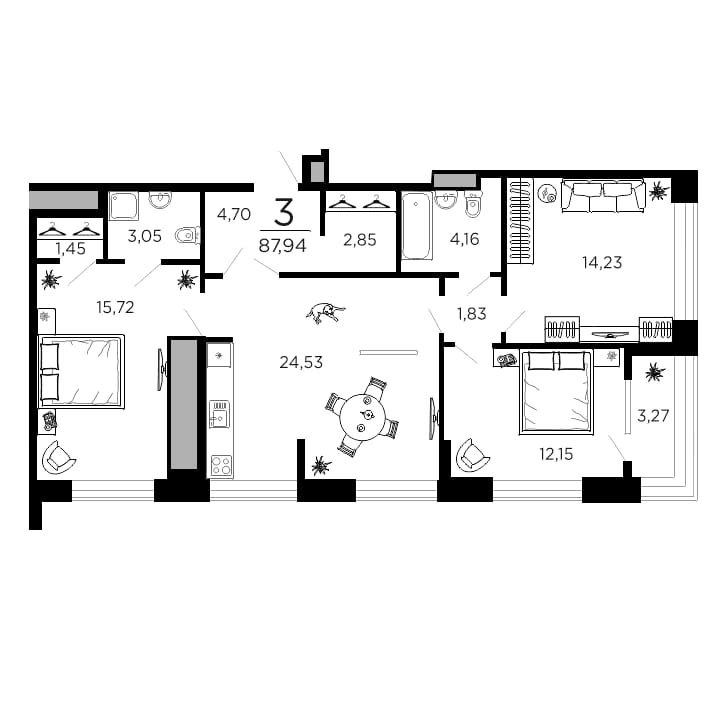 3-комнатная, 87.94 м² — изображение 1