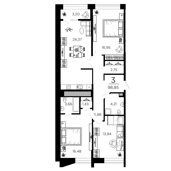 3-комнатная, 98.85 м² — изображение 1
