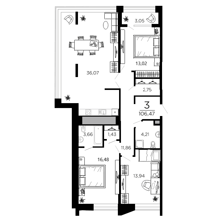 3-комнатная, 106.47 м² — изображение 1