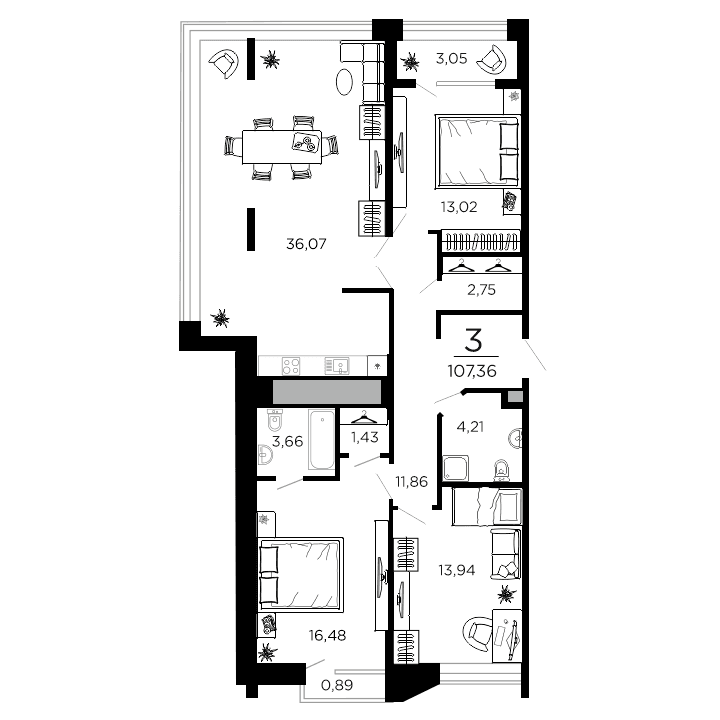 3-комнатная, 107.36 м² — изображение 1