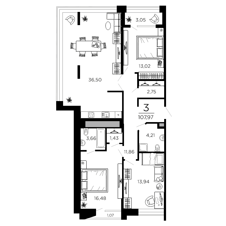 3-комнатная, 107.97 м² — изображение 1