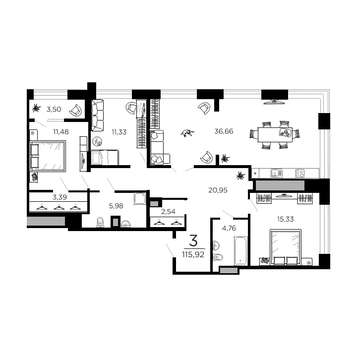 3-комнатная, 115.92 м² — изображение 1
