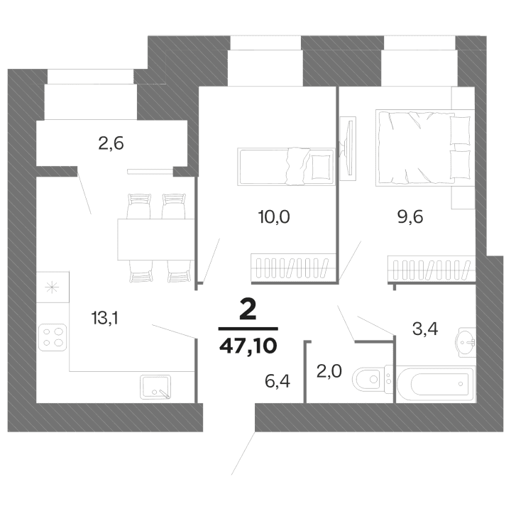 2-комнатная, 47.1 м² — изображение 1