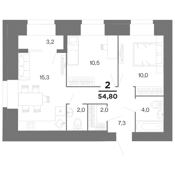 2-комнатная, 54.8 м² — изображение 1