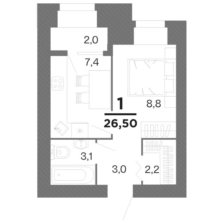 1-комнатная, 26.5 м² — изображение 1