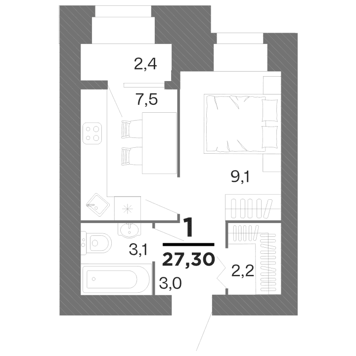 1-комнатная, 27.3 м² — изображение 1