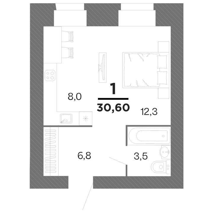 1-комнатная, 30.6 м² — изображение 1