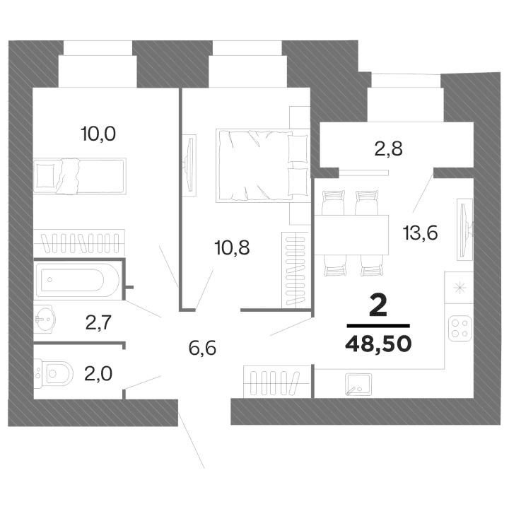2-комнатная, 48.5 м² — изображение 1