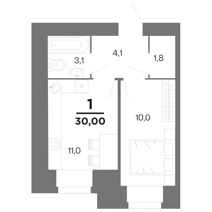 1-комнатная, 30 м² — изображение 1