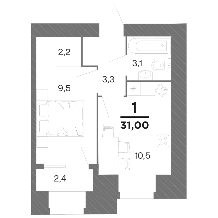 1-комнатная, 31 м² — изображение 1