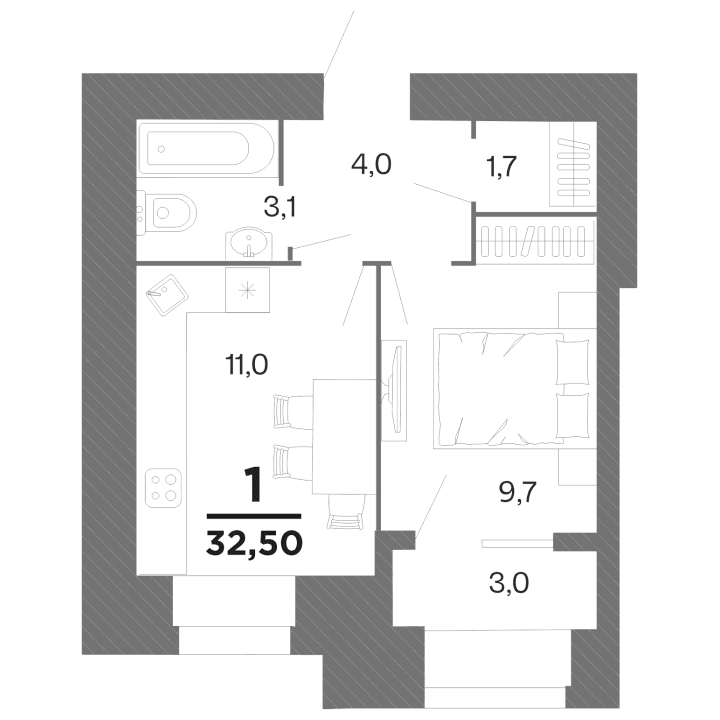 1-комнатная, 32.5 м² — изображение 1