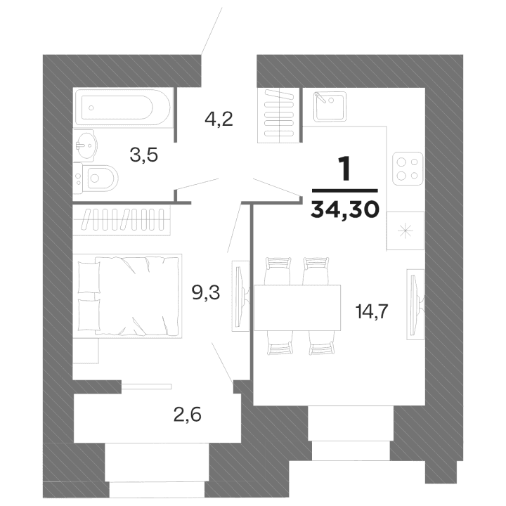 1-комнатная, 34.3 м² — изображение 1