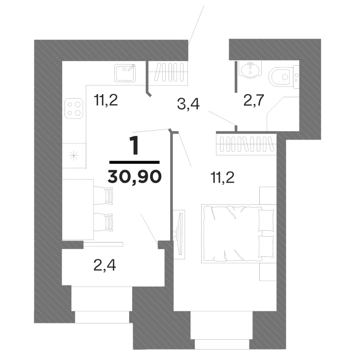 1-комнатная, 30.9 м² — изображение 1