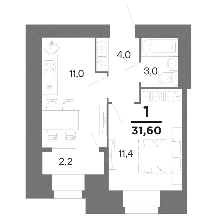 1-комнатная, 31.6 м² — изображение 1