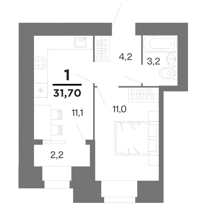1-комнатная, 31.7 м² — изображение 1