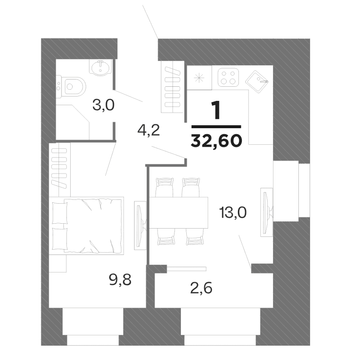 1-комнатная, 32.6 м² — изображение 1