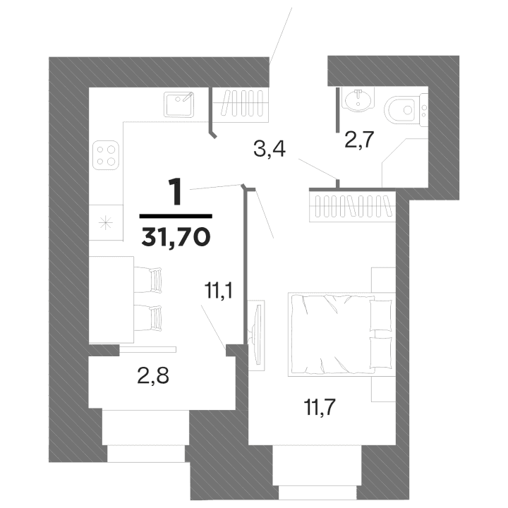 1-комнатная, 31.7 м² — изображение 1