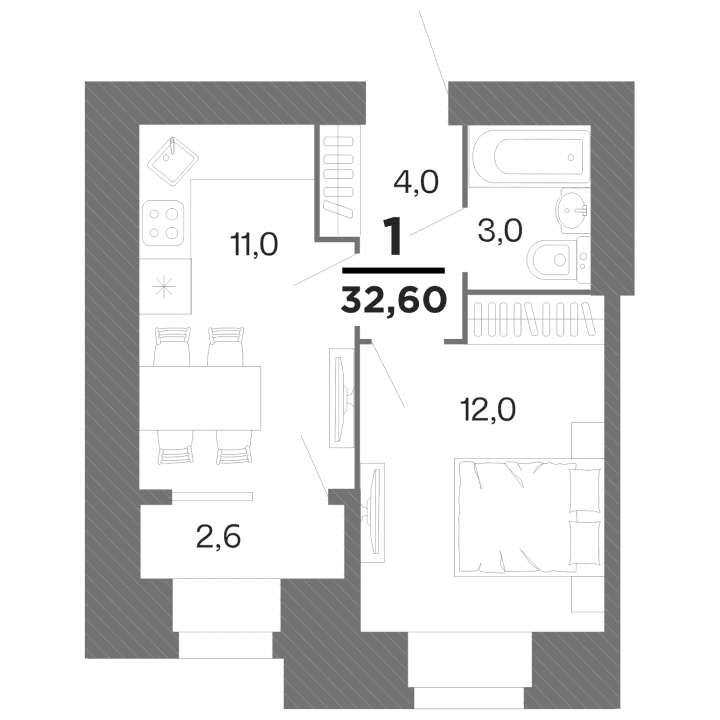 1-комнатная, 32.6 м² — изображение 1