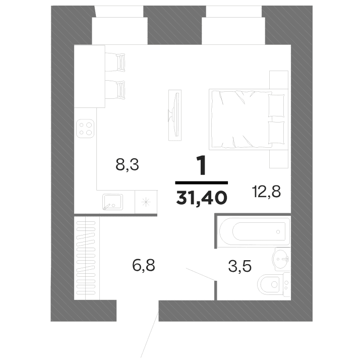 1-комнатная, 31.4 м² — изображение 1