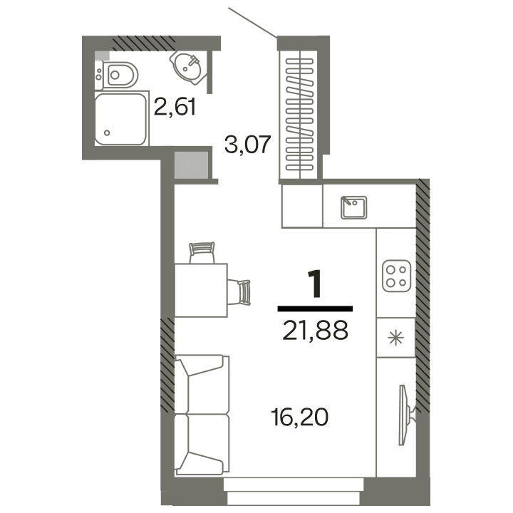 1-комнатная, 21.88 м² — изображение 1