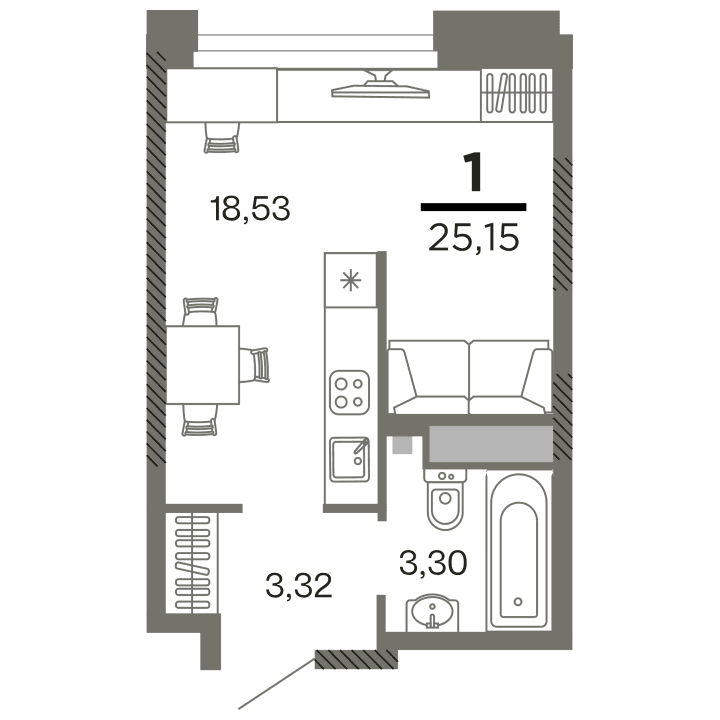 1-комнатная, 25.15 м² — изображение 1