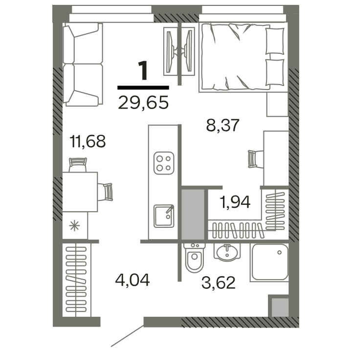 1-комнатная, 29.65 м² — изображение 1