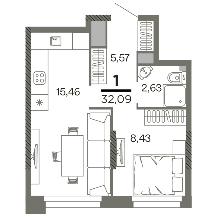1-комнатная, 32.09 м² — изображение 1