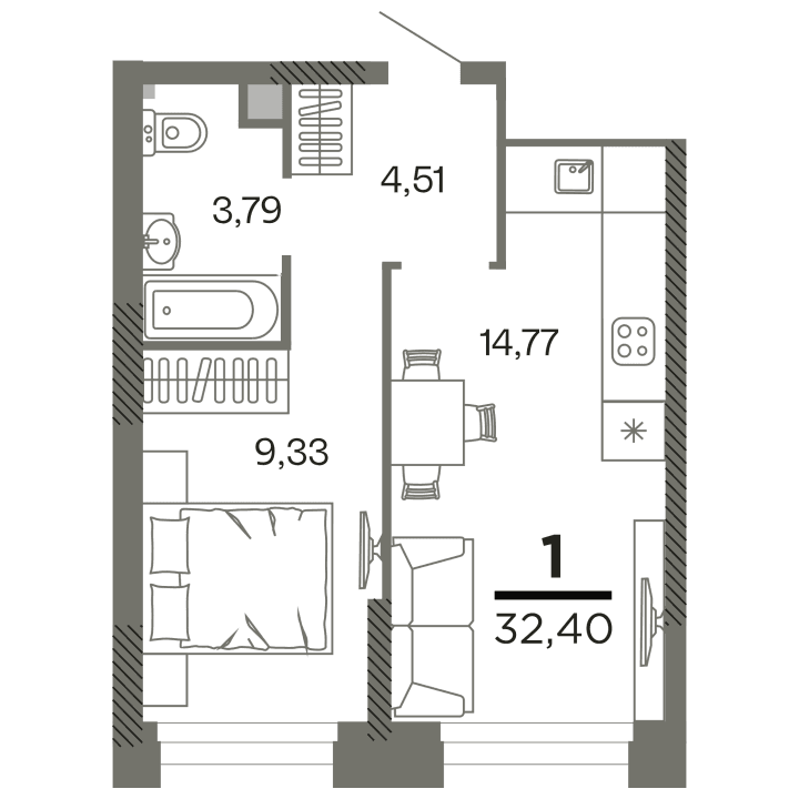 1-комнатная, 32.4 м² — изображение 1