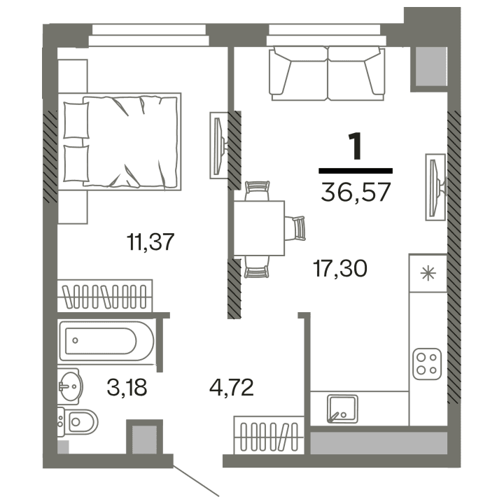 1-комнатная, 36.57 м² — изображение 1
