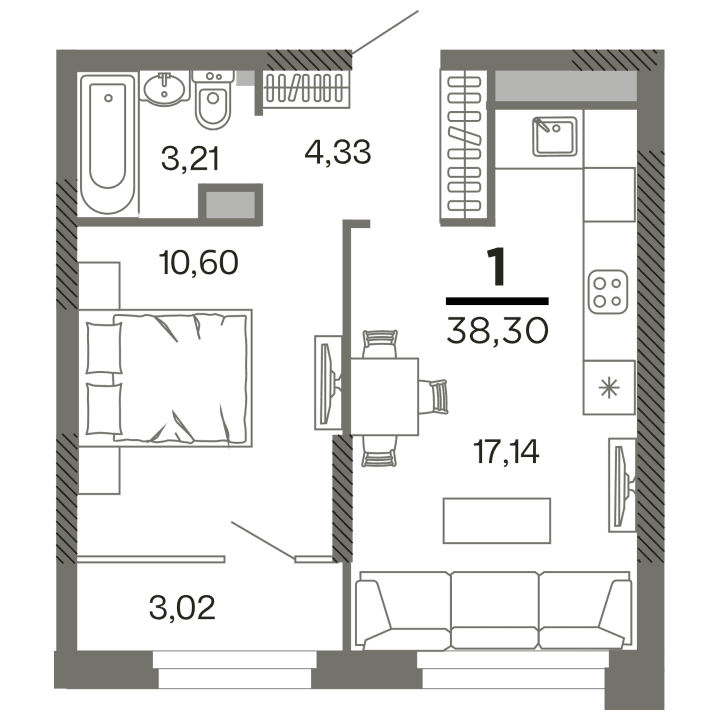 1-комнатная, 38.3 м² — изображение 1