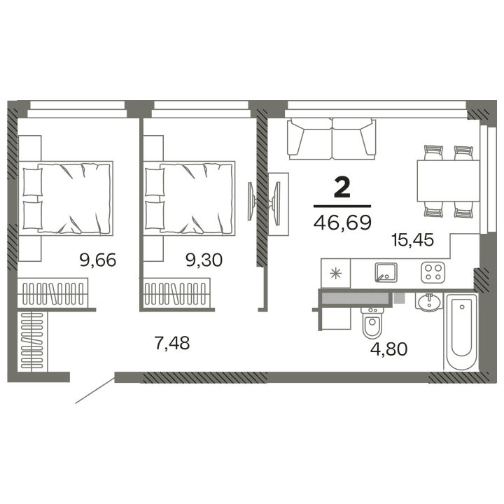 2-комнатная, 46.69 м² — изображение 1