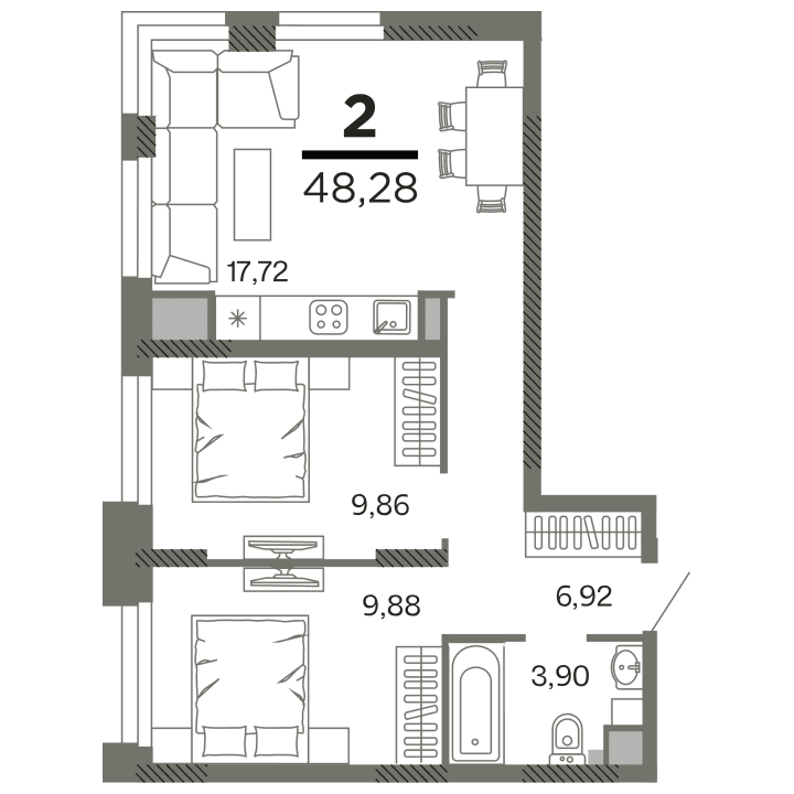2-комнатная, 48.28 м² — изображение 1