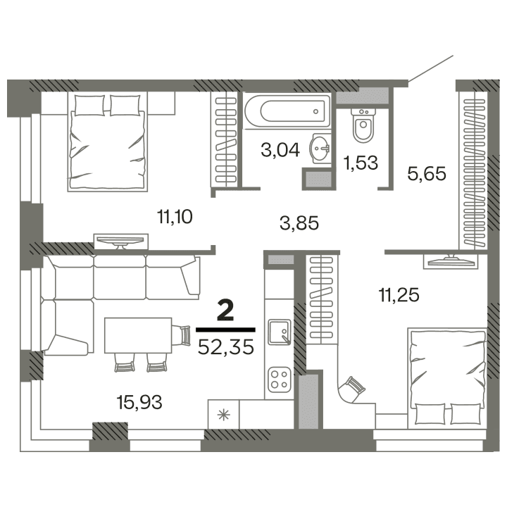 2-комнатная, 52.35 м² — изображение 1