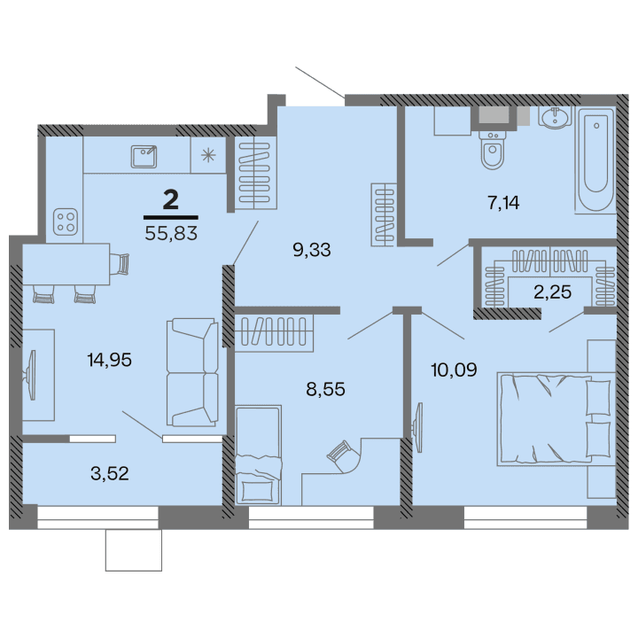 2-комнатная, 55.83 м² — изображение 1