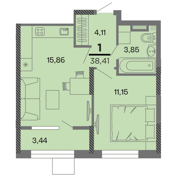 1-комнатная, 38.41 м² — изображение 1