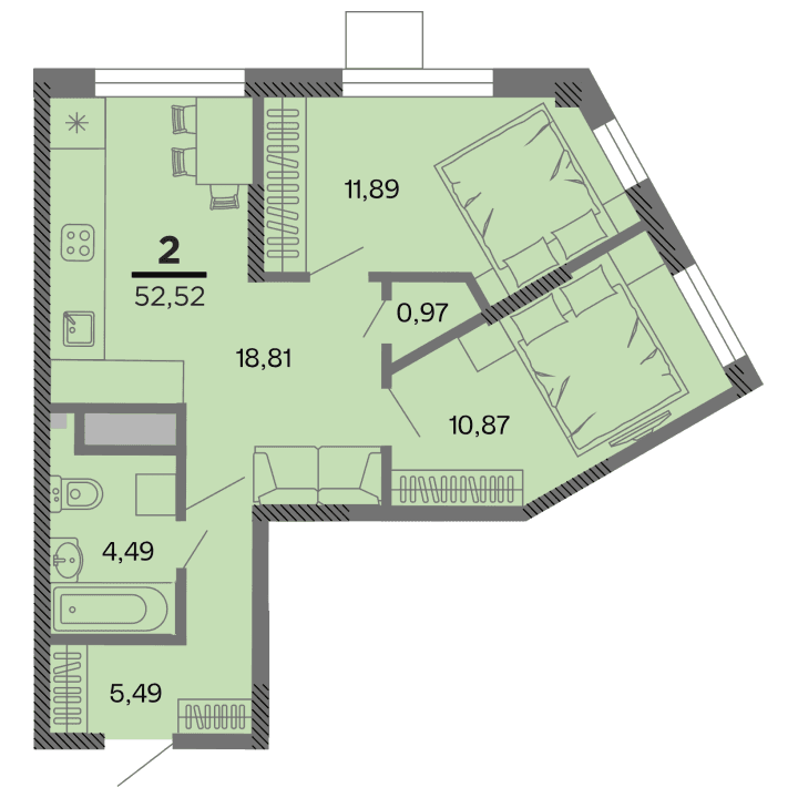 2-комнатная, 52.52 м² — изображение 1