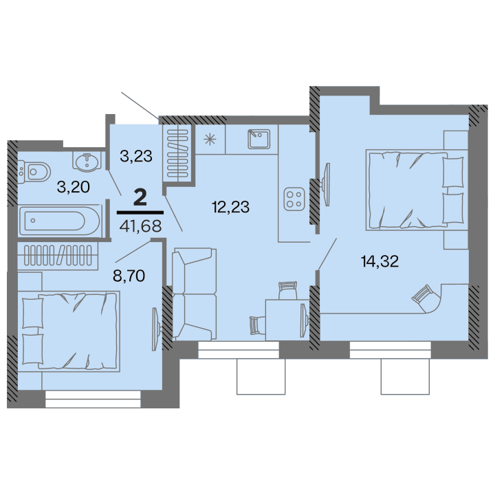 2-комнатная, 41.68 м² — изображение 1