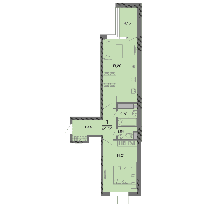 1-комнатная, 49.09 м² — изображение 1