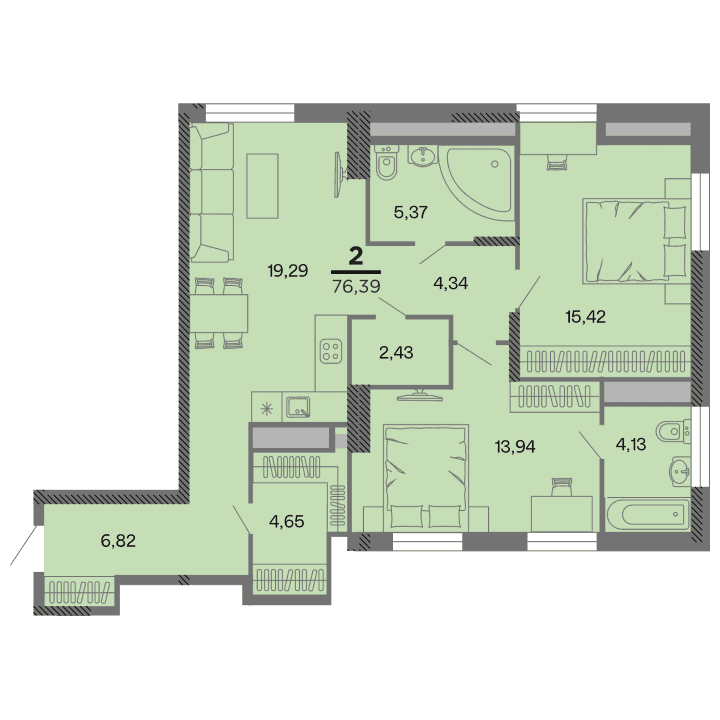 2-комнатная, 76.39 м² — изображение 1