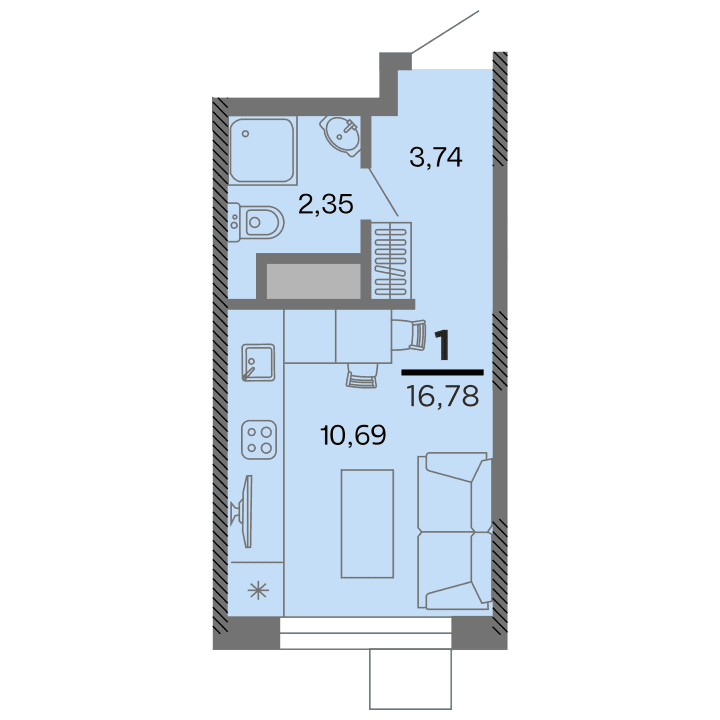 Планировка 1-комнатная, 16.78 м²