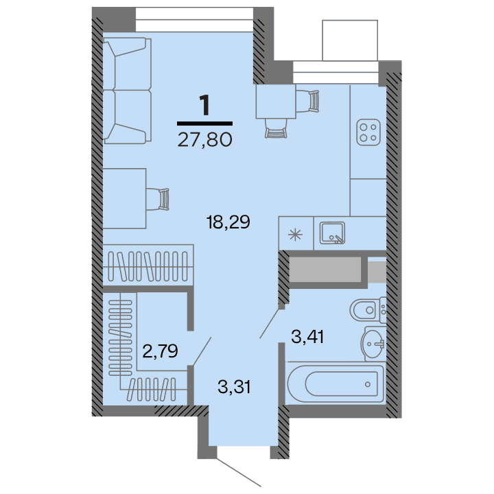 1-комнатная, 27.8 м² — изображение 1