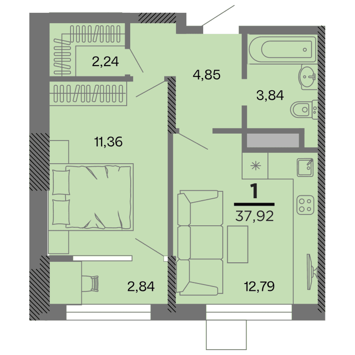 1-комнатная, 37.92 м² — изображение 1