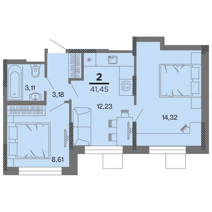 2-комнатная, 41.45 м² — изображение 1