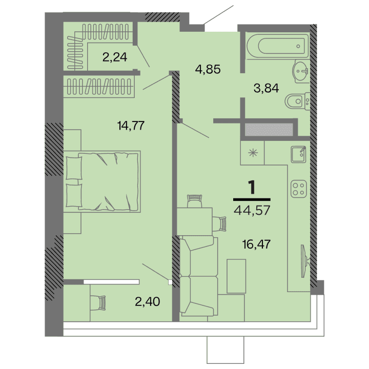 1-комнатная, 44.57 м² — изображение 1