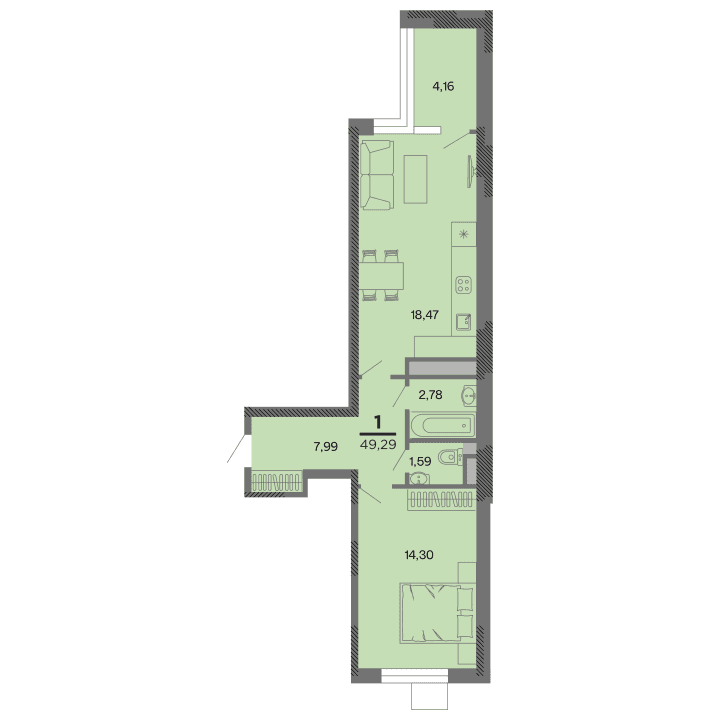 1-комнатная, 49.29 м² — изображение 1