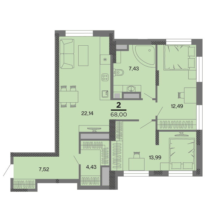2-комнатная, 68 м² — изображение 1